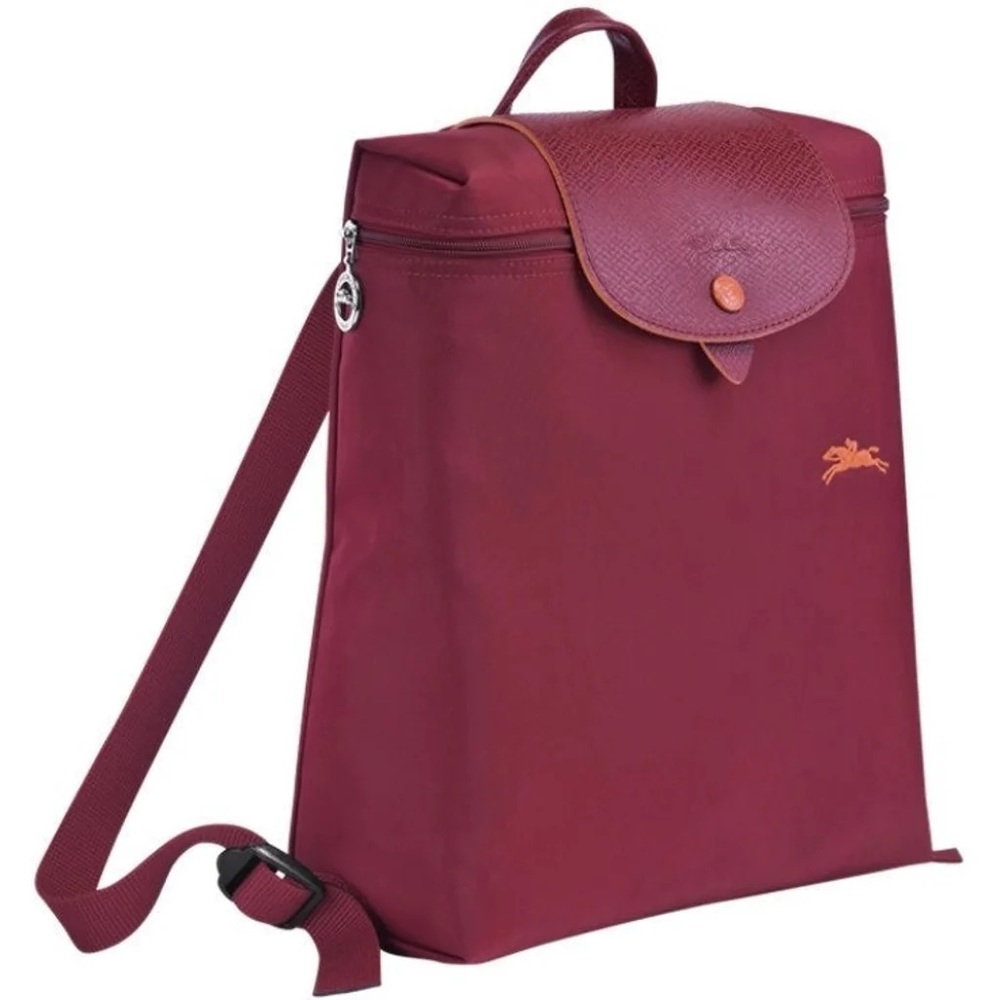 NWOT Longchamp Le Pliage Nylon Backpack Garnet Red with Orange Accents